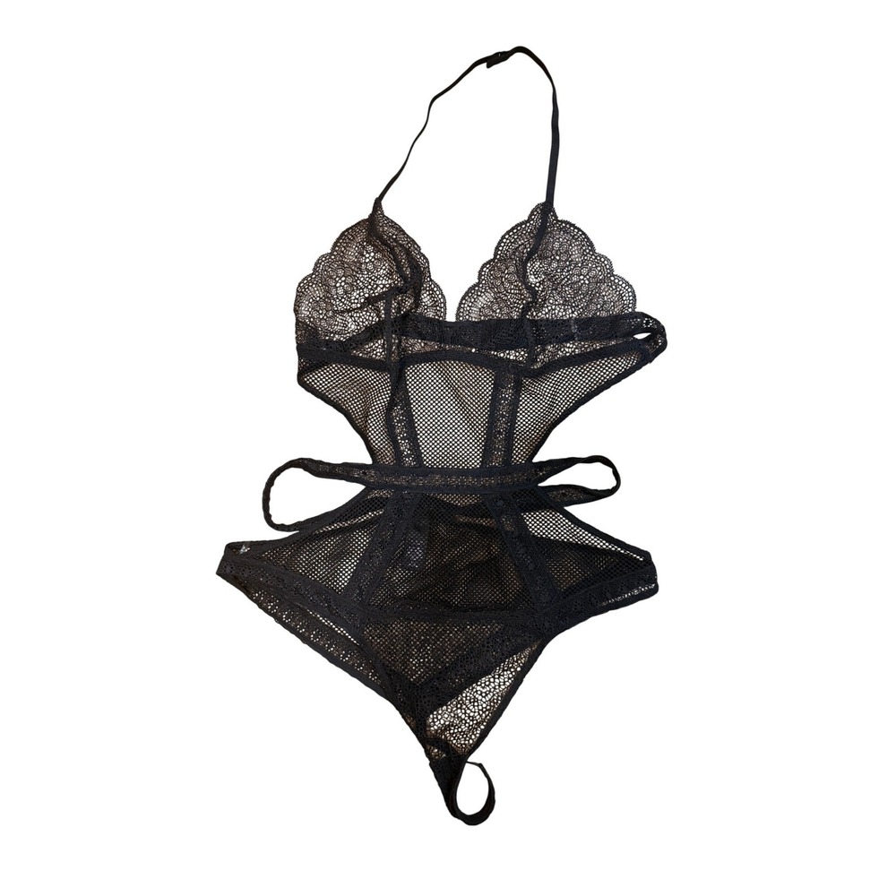 Victorias Secret Black Lace‎ Fishnet Cut Out Teddy Bodysuit Large Halter Thong